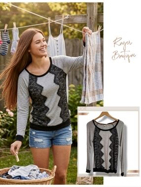 🌿Jolt Women's Small Gray Long Sleeve Top Black Lace Detail Lightweight Boho